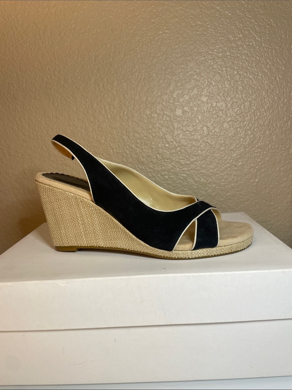 Ann Taylor Black Suede Slingback Wedge with Natural Espadrille Heel